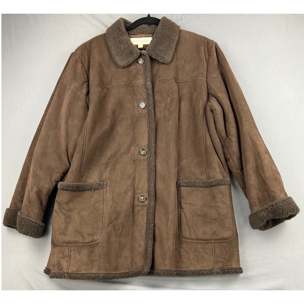 Jones New York Faux Suede Sherpa Jacket Womens XL Brown Shearling Coat J21752